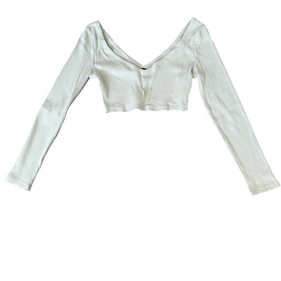 Ribbed V Neck Long Sleeve Crop Top Mint Large - Picture 3 of 6